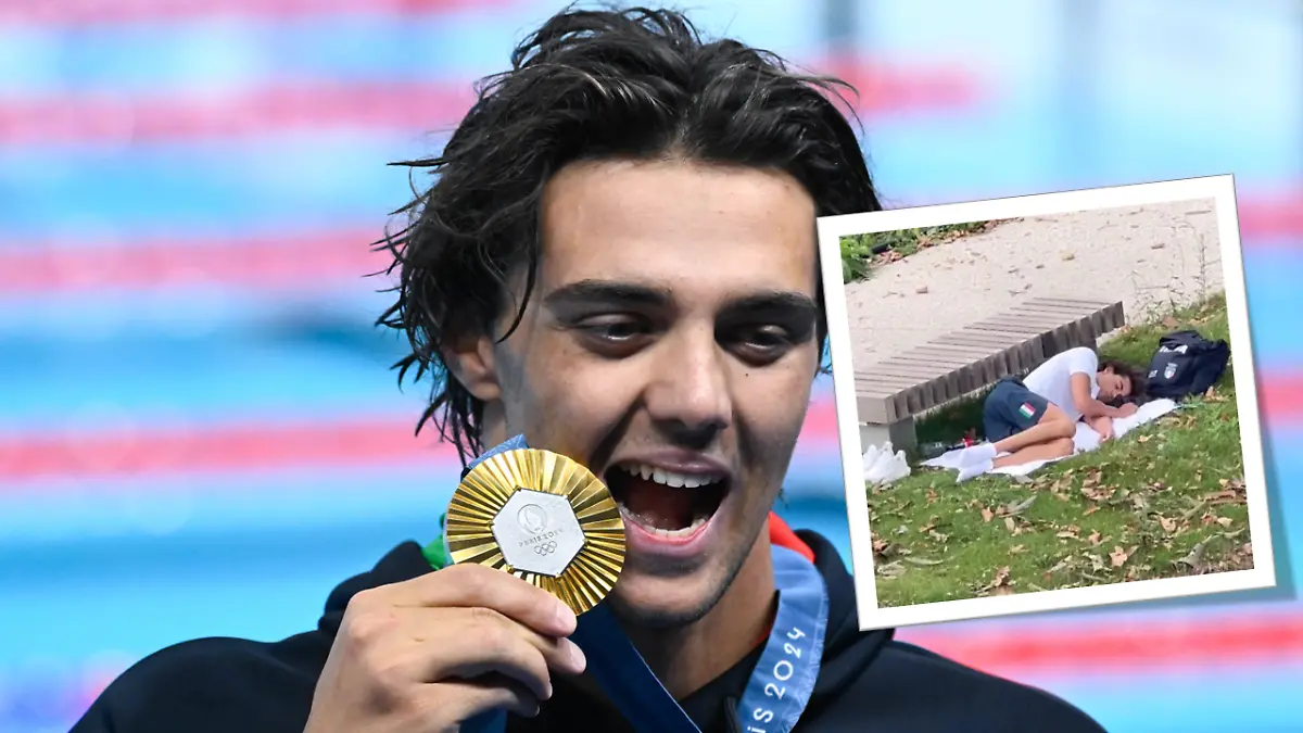 Thomas Ceccon hat die Gold-Medaille gewonnen. Wenig später liegt er schlafend auf einer Wiese.