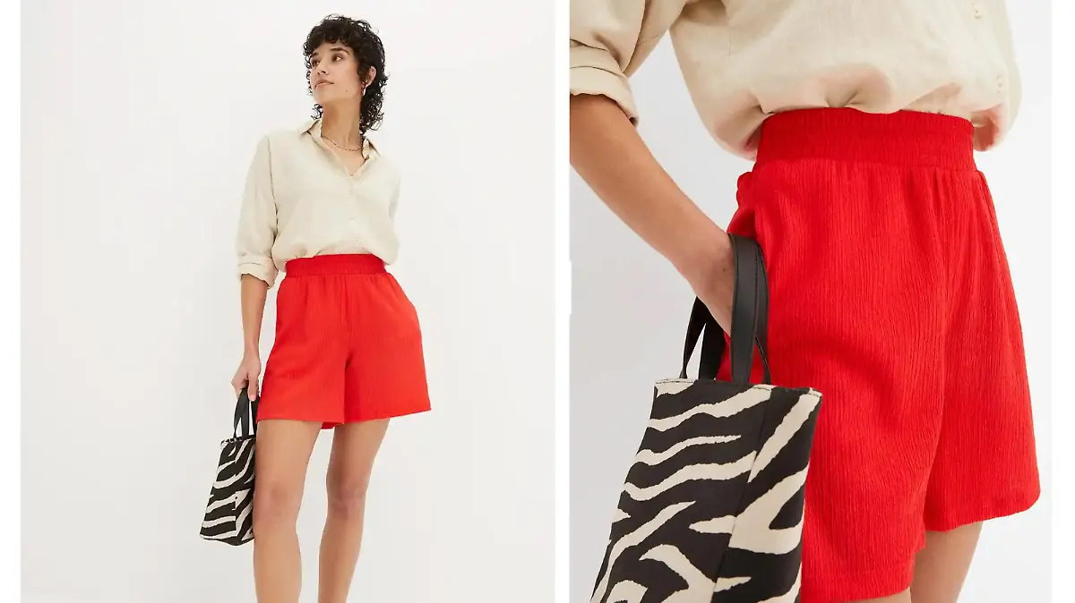 Frau trägt rote Shorts.