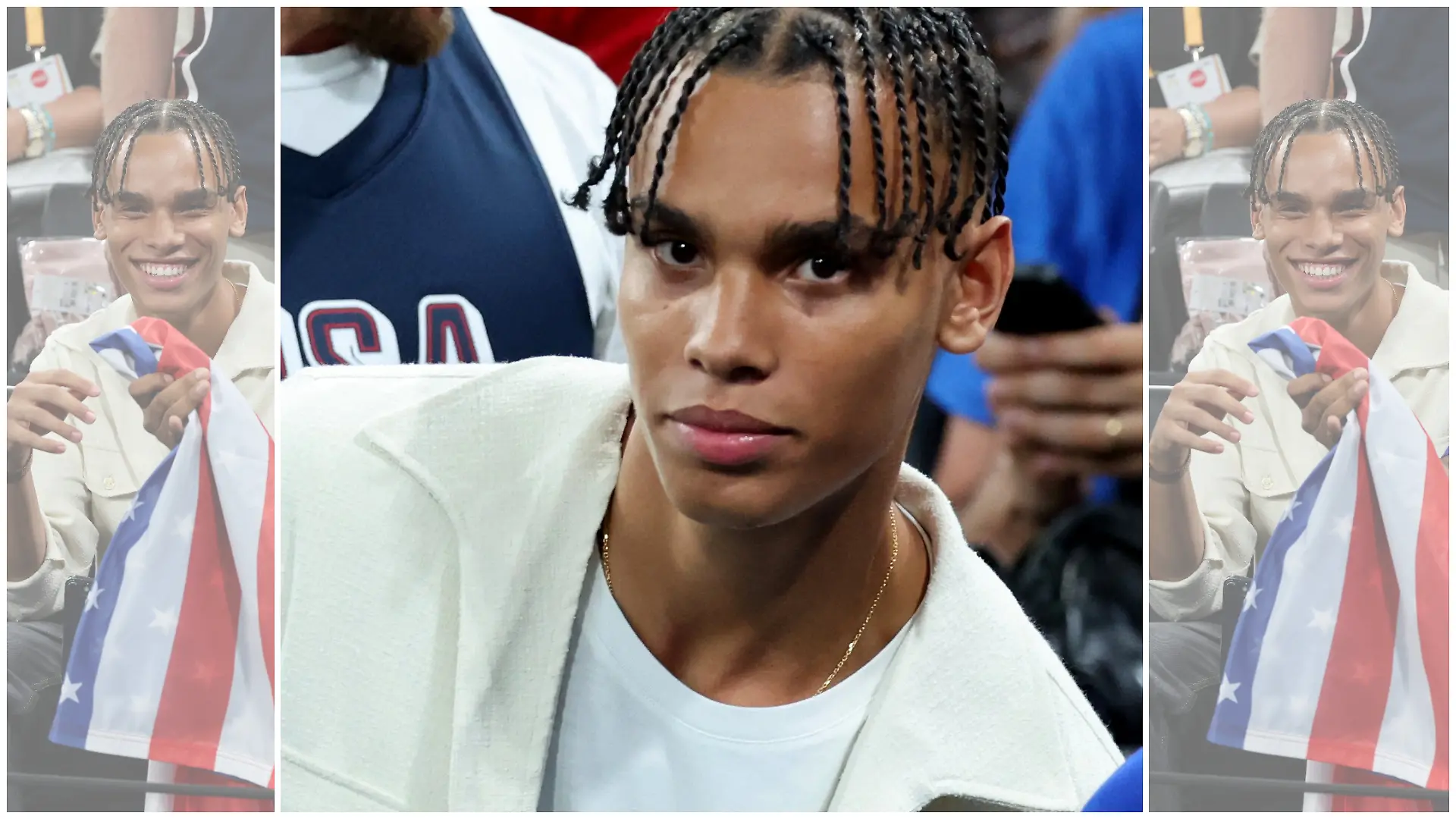 Alexandre Grimaldi, der uneheliche Sohn von Fürst Albert von Monaco, schaut sich ein Basketballspiel anlässlich der Olympischen Spiele in Paris an.