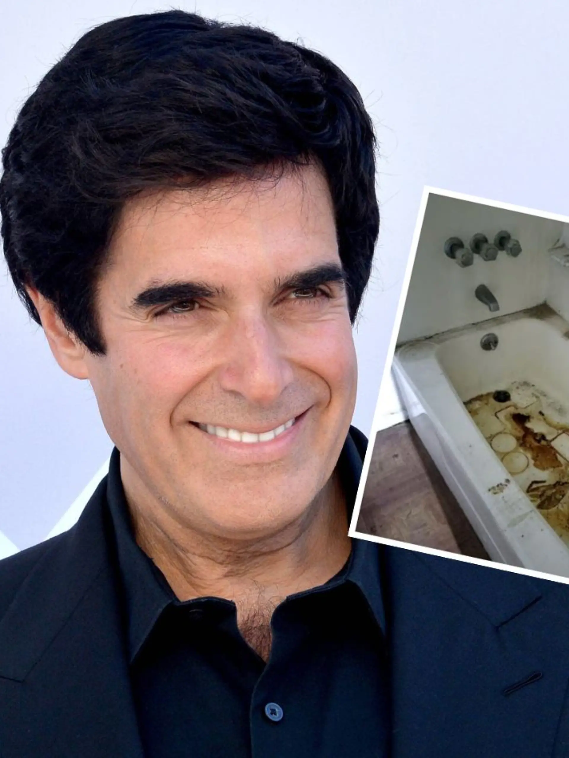Collage von David Copperfield und seiner verdreckten Badewanne.