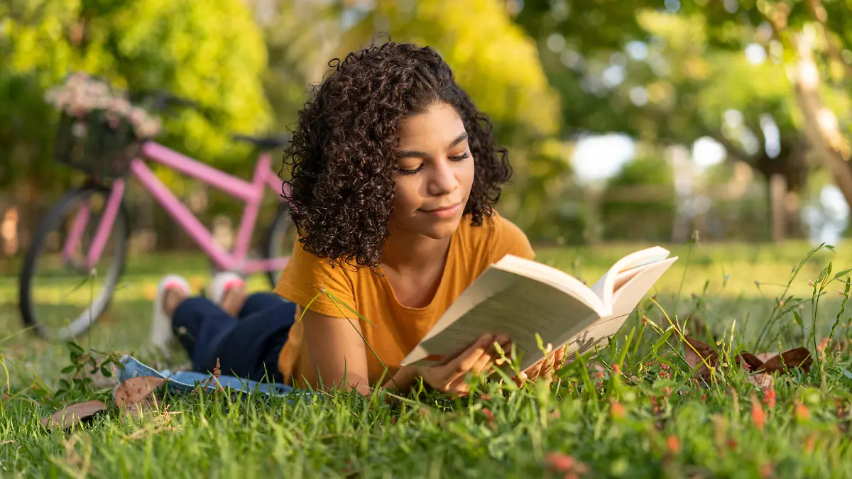 Girl, Book, Bicycle, Lying, Outdoors