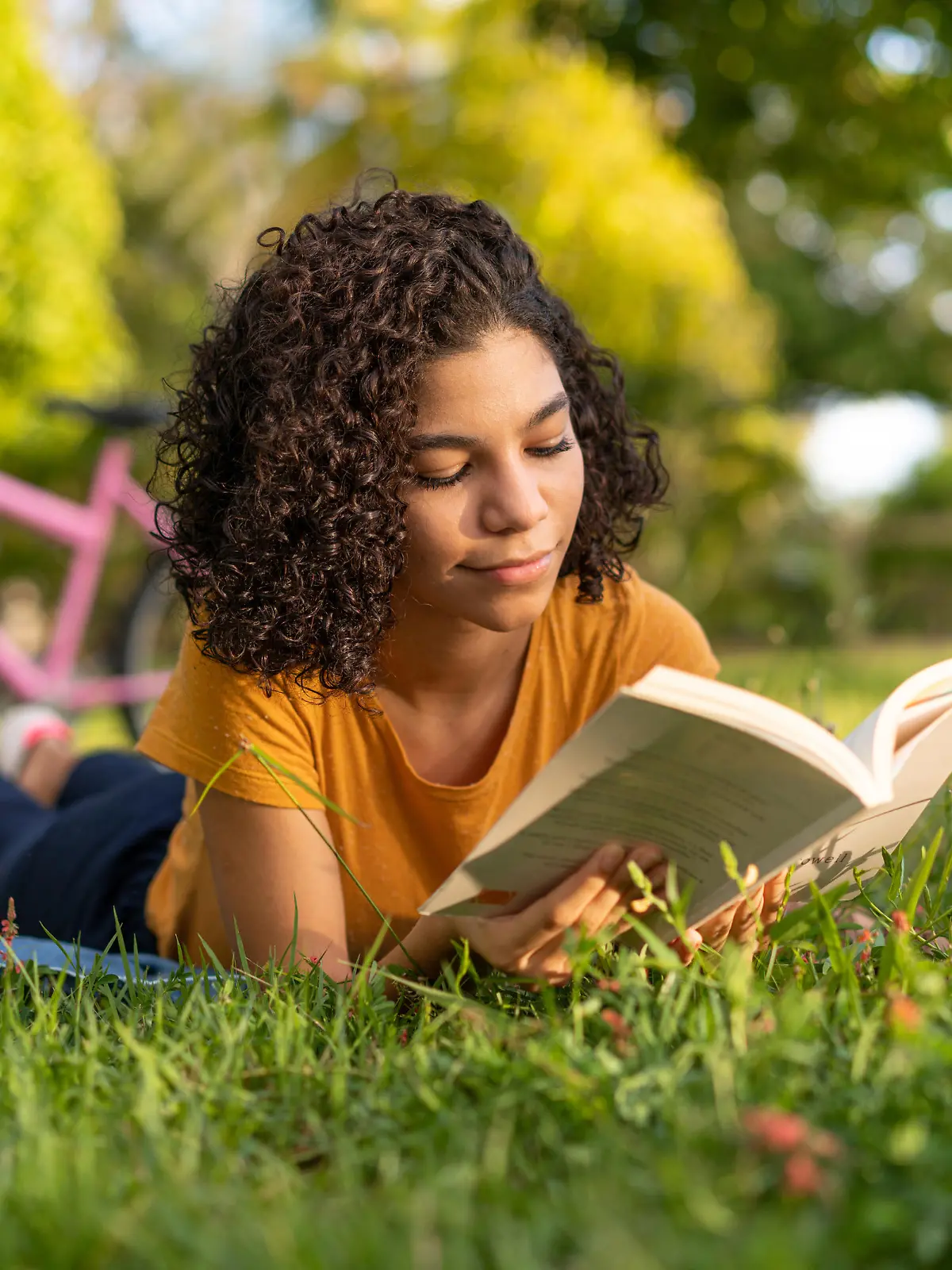 Girl, Book, Bicycle, Lying, Outdoors