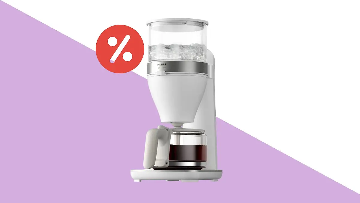 Die Philips Café Gourmet Filterkaffeemaschine vor einem weiß-lila Hintergrund und einem roten Prozentzeichen an der linken Seite.