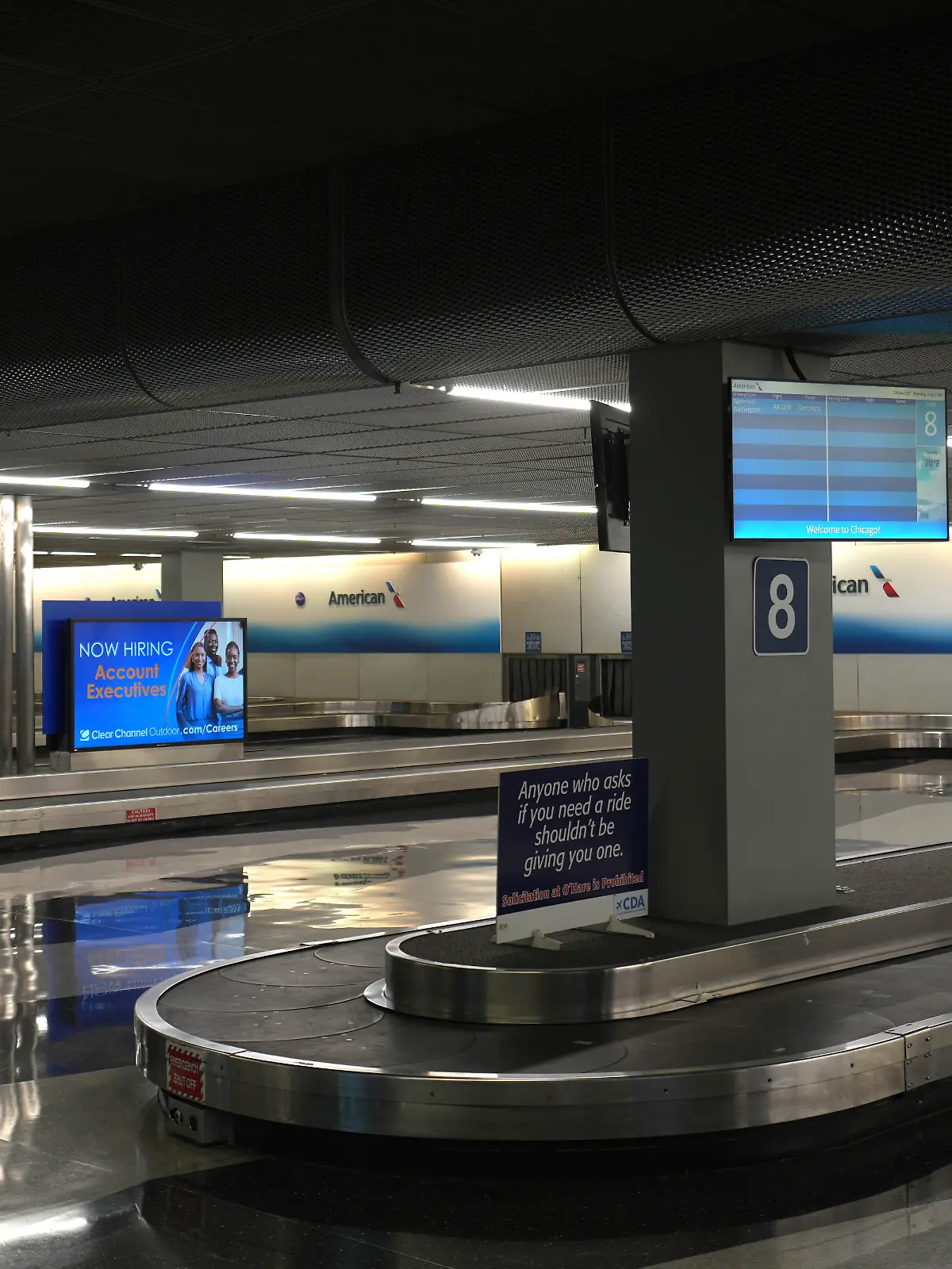 An empty American Airlines baggage carousel at O’Hare International Airport, Monday, Aug 7, 2023, in Chicago. Photo via Newscom picture alliance
