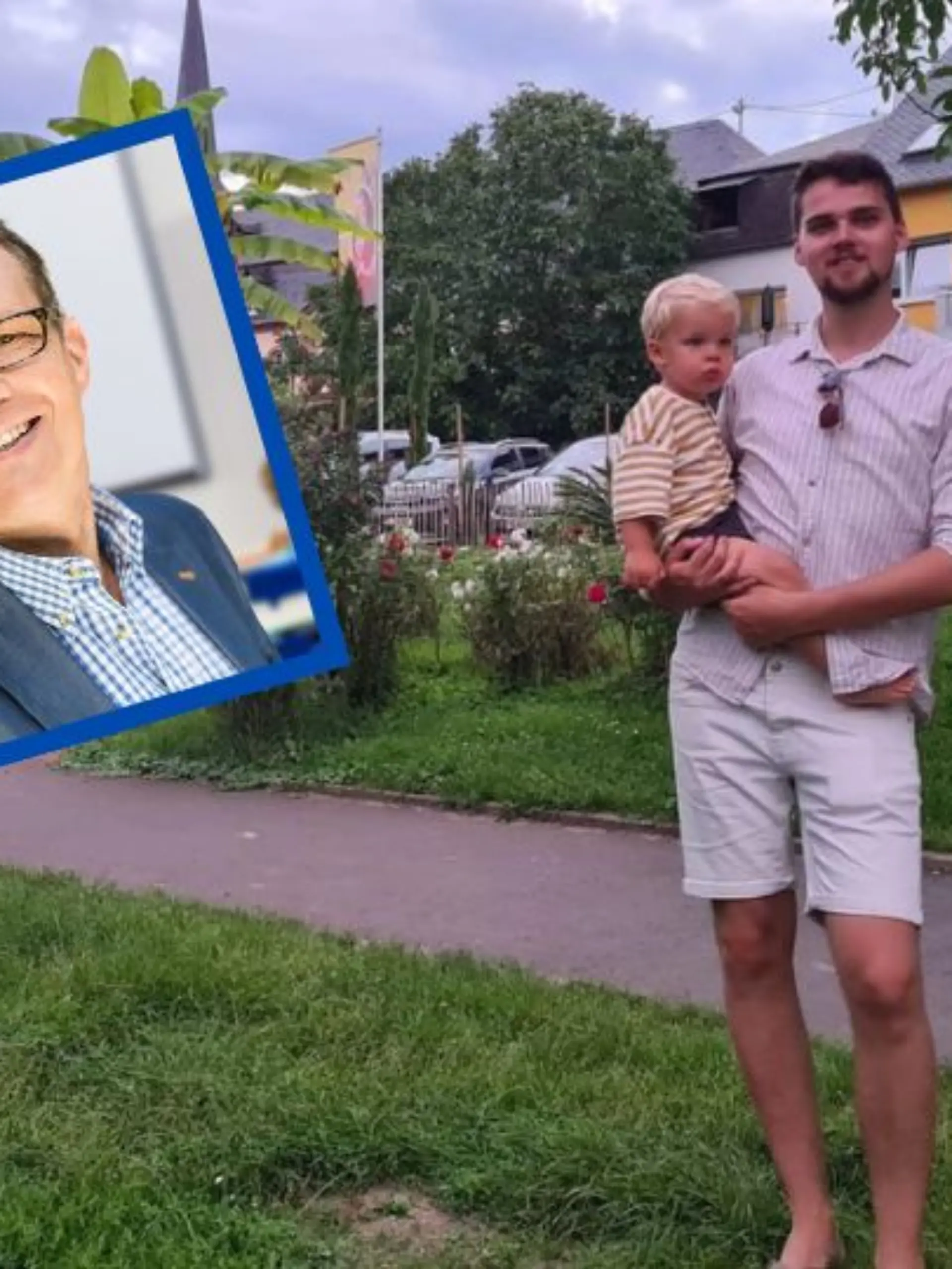Vater Mark mit Baby Jamie auf dem Arm