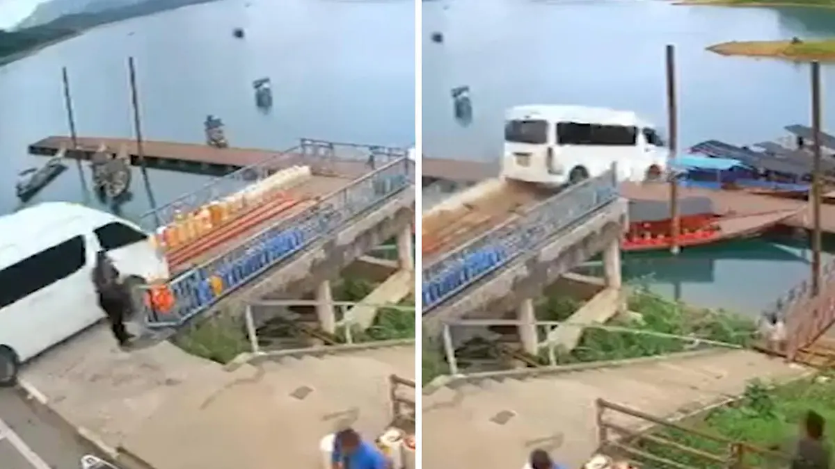 Fahrerin rast mit Van in Staudamm Direkt auf Passanten zu!