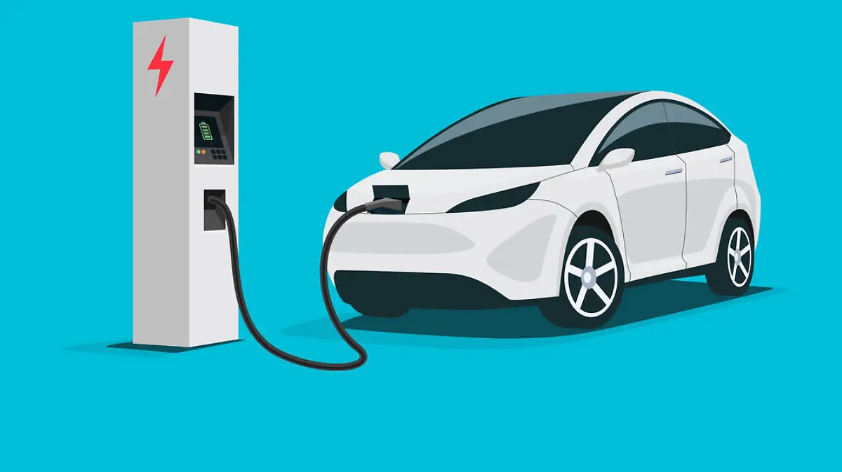 Modern electric smart suv car charging parking at the charger station with a plug in cable. Isolated flat vector illustration concept on white background. Electrified future transportation e-motion.