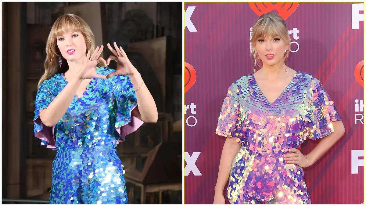 Taylor Swift als Wachsfigur (links) und 2019 beim iHeartRadio Music Award (rechts)