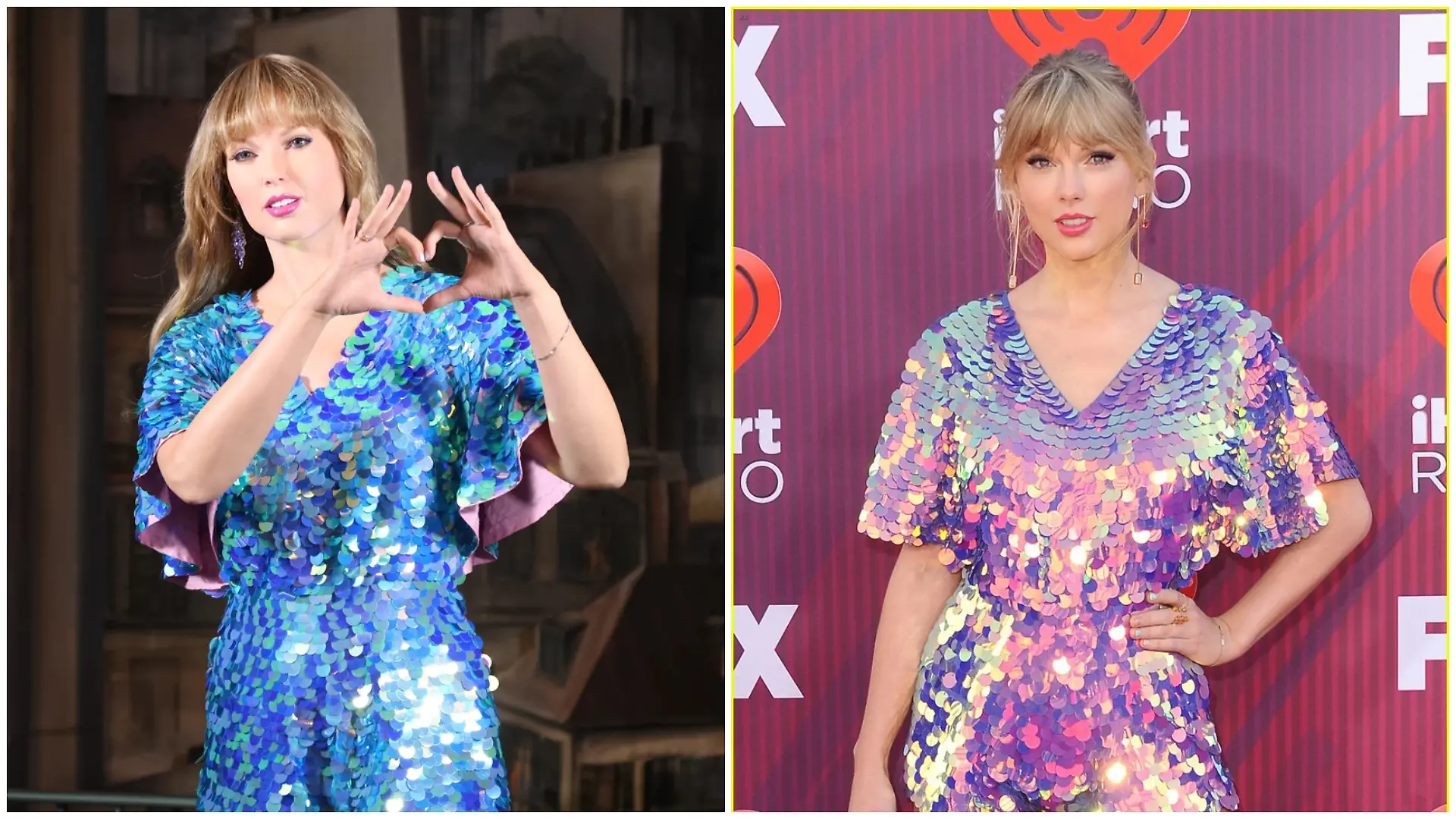 Taylor Swift als Wachsfigur (links) und 2019 beim iHeartRadio Music Award (rechts)