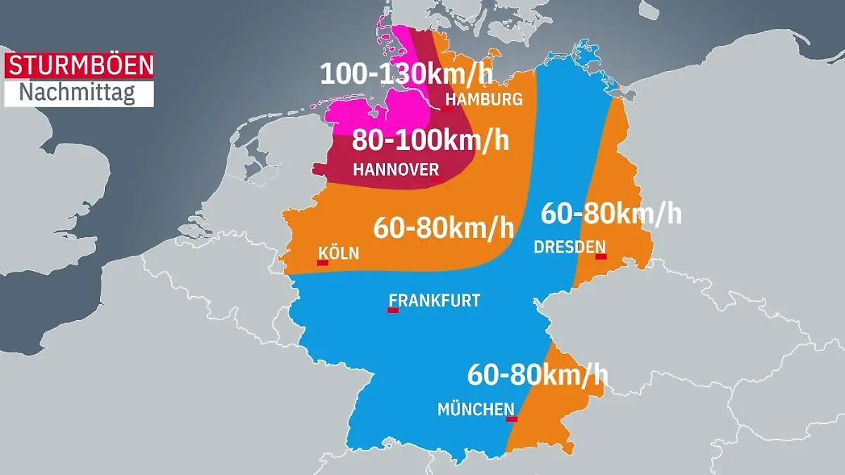 Windgeschwindigkeiten heute in Deutschland