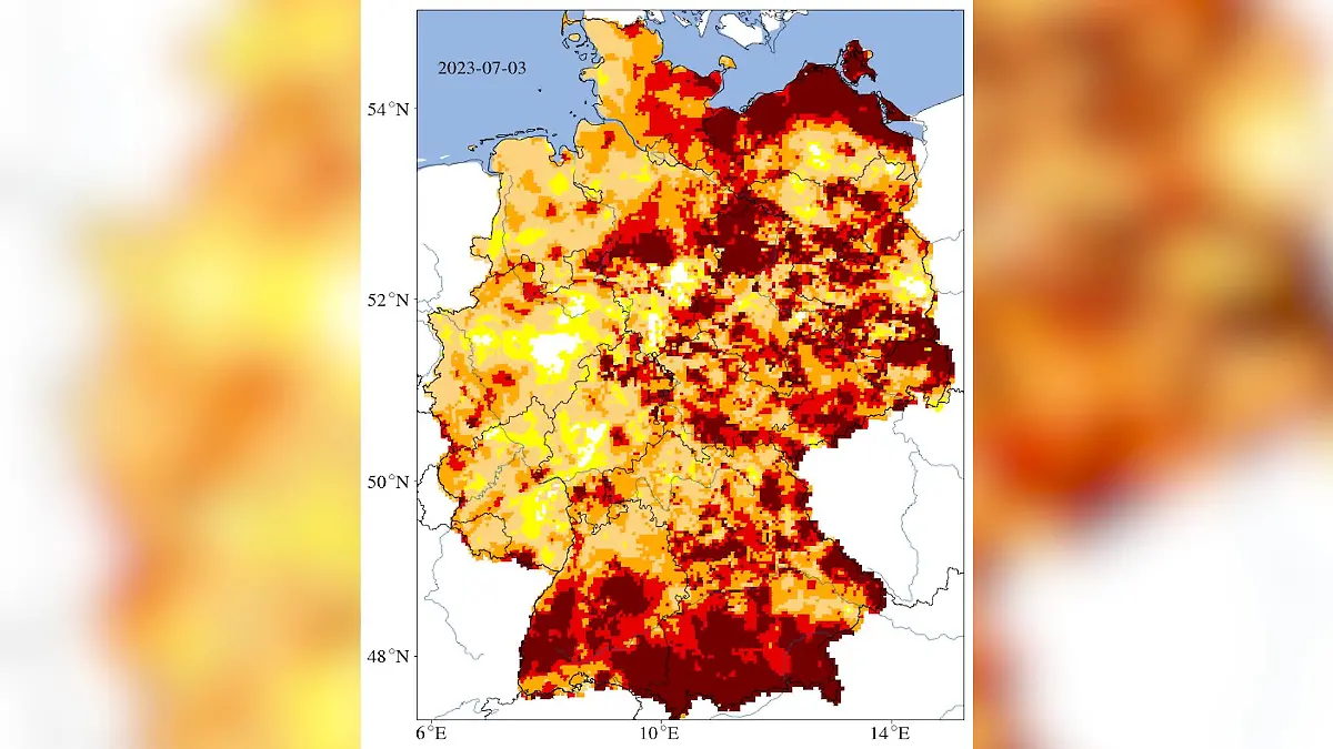 Besonders im Süden und Mecklenburg-Vorpommern kämpft der Boden gegen extreme Trockenheit an. Auf der Karte ist eine Tiefe bis 1,8 Meter dargestellt (Stand: 3. Juli 2023).