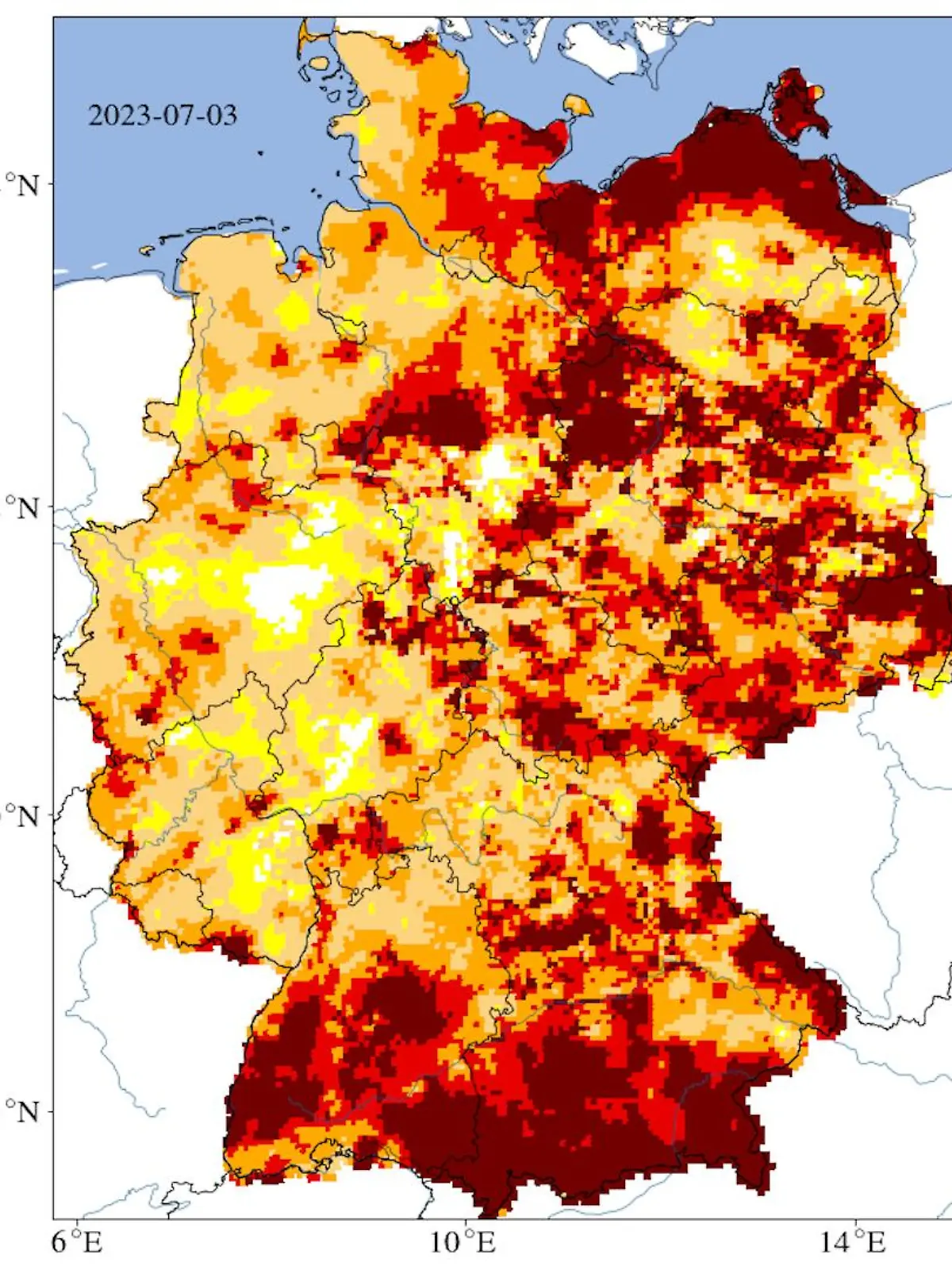 Besonders im Süden und Mecklenburg-Vorpommern kämpft der Boden gegen extreme Trockenheit an. Auf der Karte ist eine Tiefe bis 1,8 Meter dargestellt (Stand: 3. Juli 2023).