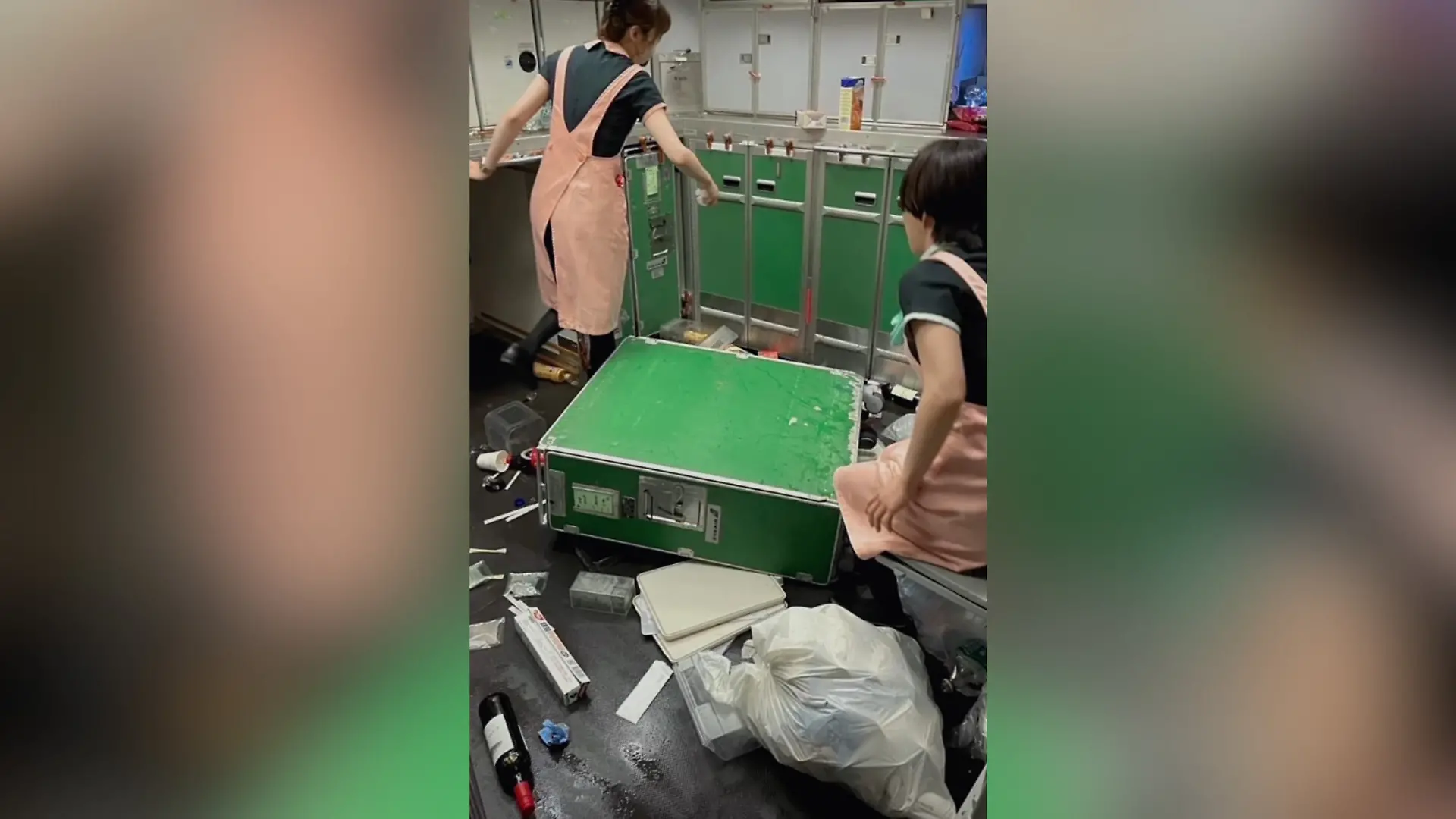 In der Galerie werden die Trolleys der Crew durcheinander geworfen. 