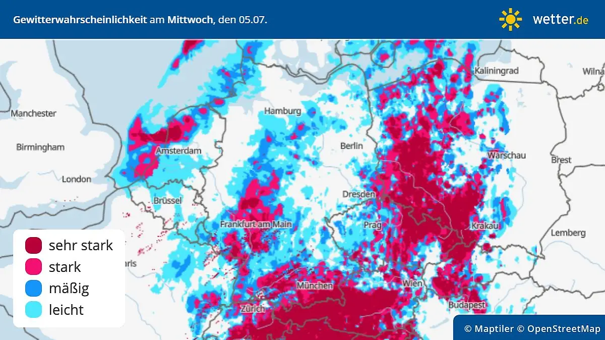 Gewitterrisiko am Mittwoch, 5. Juli, in Deutschland