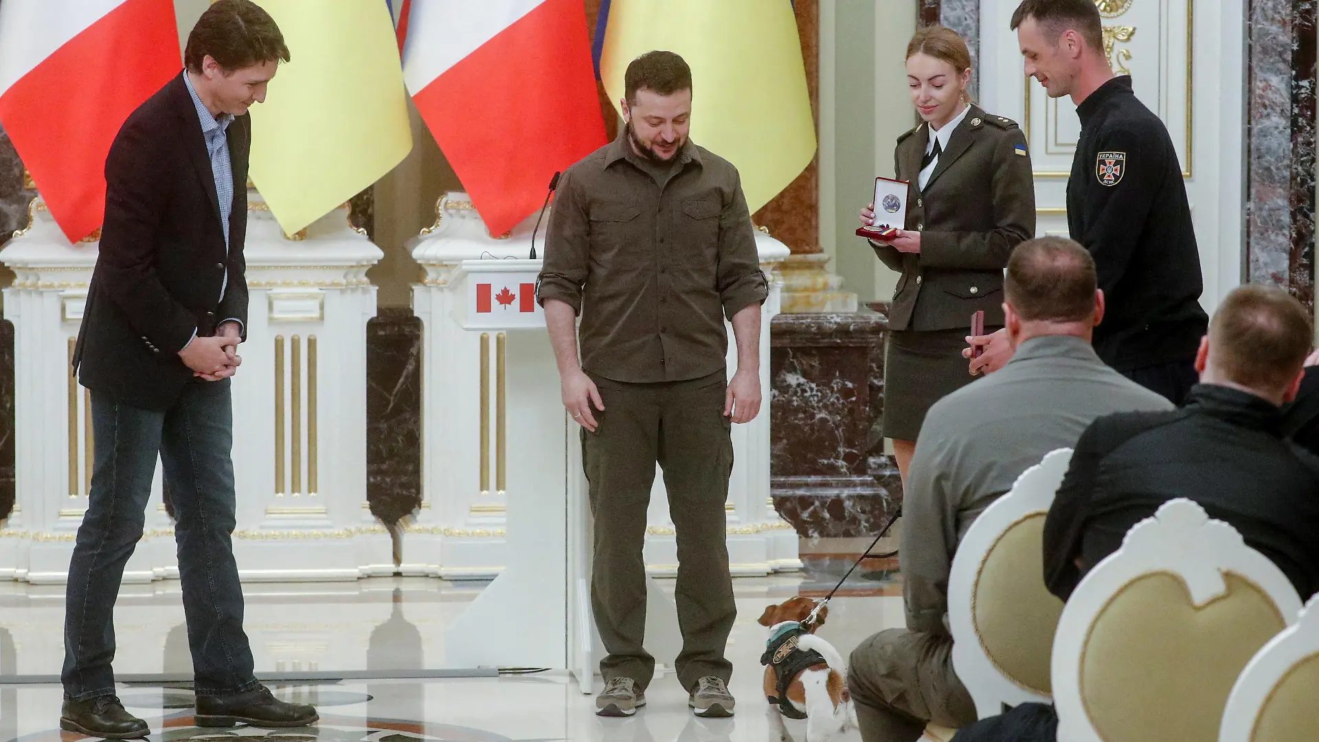 Canadian Prime Minister Justin Trudeau and Ukraine's President Volodymyr Zelenskiy award service dog "Patron" during a news conference, as Russia's attack on Ukraine continues, in Kyiv, Ukraine May 8, 2022. REUTERS/Valentyn Ogirenko TPX IMAGES OF THE DAY