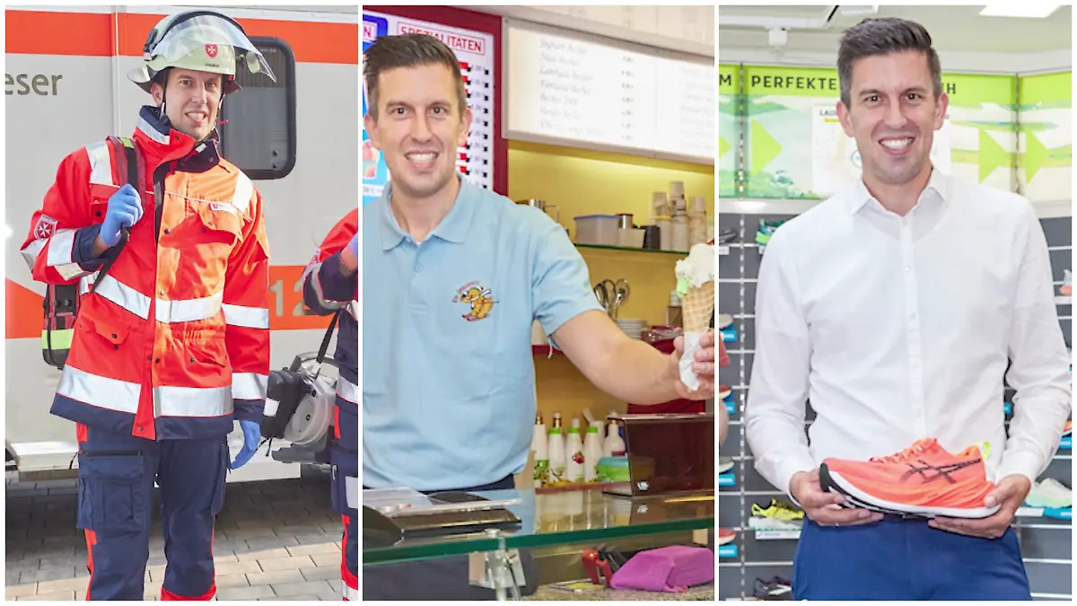 Fotokollage: Links ist Manuel Friedrich als Sanitäter zu sehen, in der Mitte als Eis- und rechts als Schuhverkäufer.