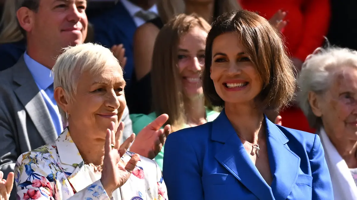 Former tennis champion Martina Navratilova (USA) and Julia Lemigova attend the women final at the 2024 Wimbledon Championships at the AELTC in London, UK, on July 13, 2024.