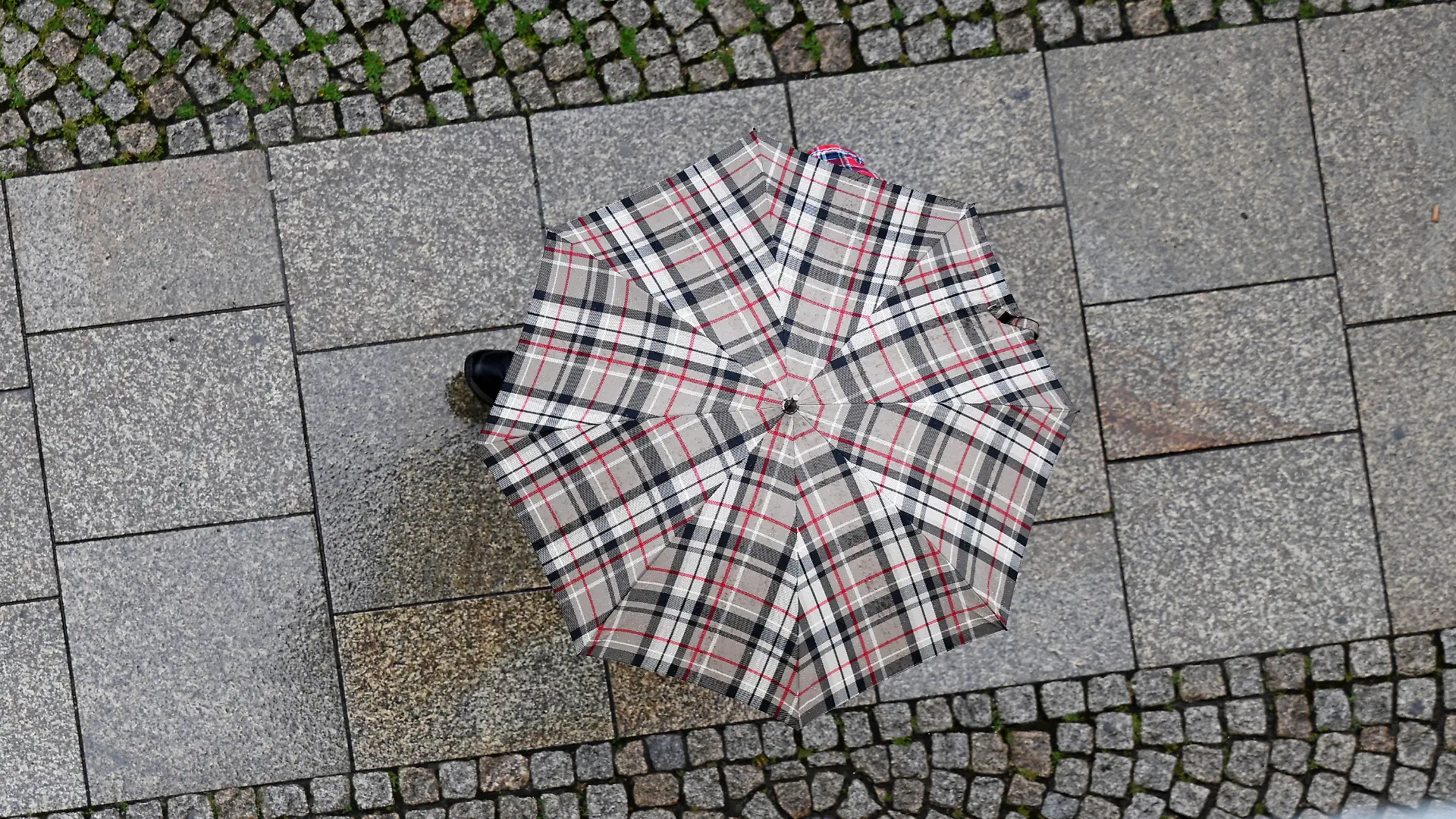 26.07.2024, Thüringen, Erfurt: Ein Mann mit Regenschirm läuft die Johannesstraße in der Erfurter Altstadt entlang. Der Start ins Wochenende wird ungemütlich nass und grau. Der Deutsche Wetterdienst (DWD) warnt für Thüringen in den nächsten Tagen vor kräftigen Gewittern, Starkregen bis zu 50 Litern pro Quadratmeter sowie Hagel. Foto: Martin Schutt/dpa +++ dpa-Bildfunk +++