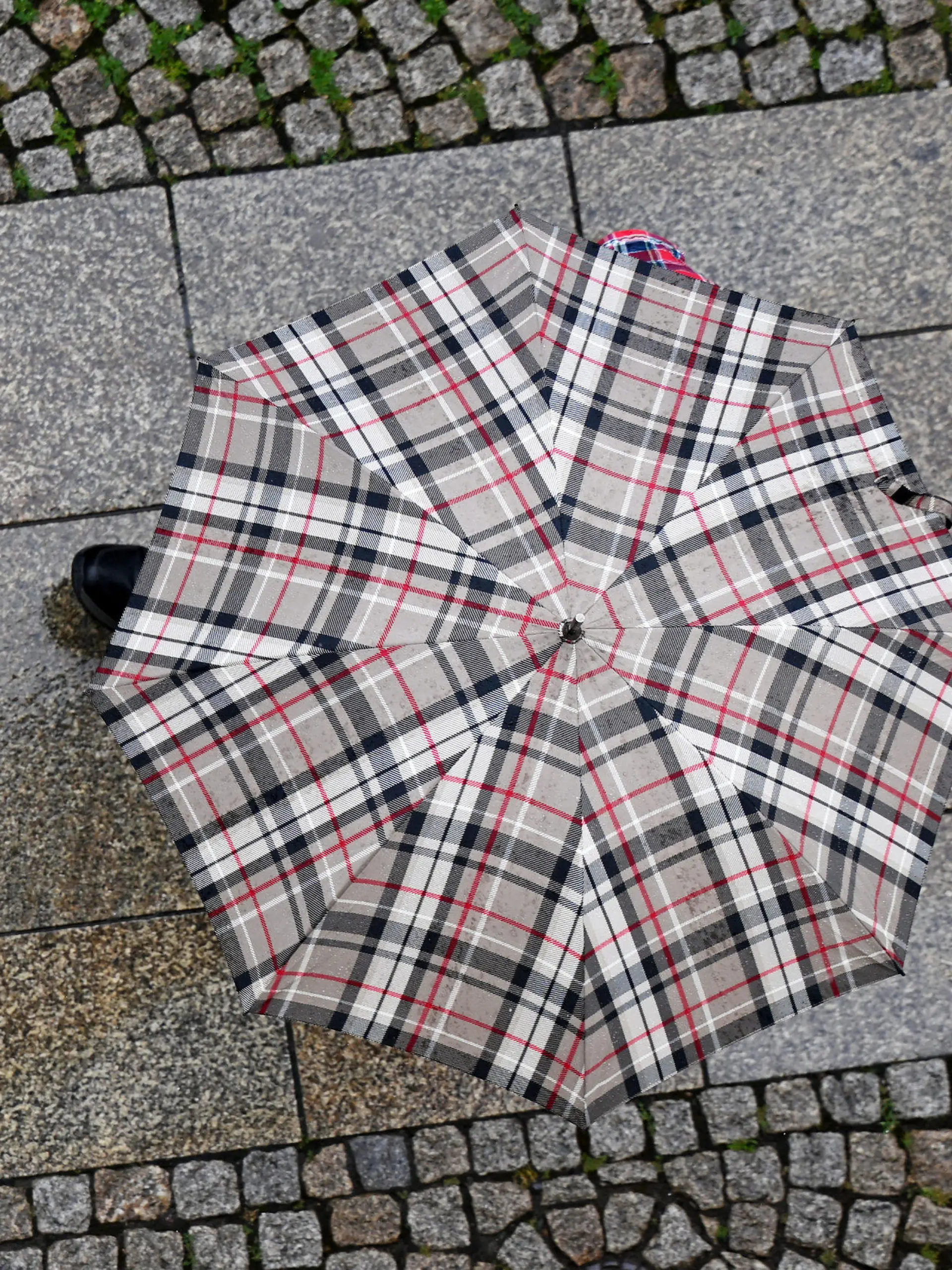 26.07.2024, Thüringen, Erfurt: Ein Mann mit Regenschirm läuft die Johannesstraße in der Erfurter Altstadt entlang. Der Start ins Wochenende wird ungemütlich nass und grau. Der Deutsche Wetterdienst (DWD) warnt für Thüringen in den nächsten Tagen vor kräftigen Gewittern, Starkregen bis zu 50 Litern pro Quadratmeter sowie Hagel. Foto: Martin Schutt/dpa +++ dpa-Bildfunk +++