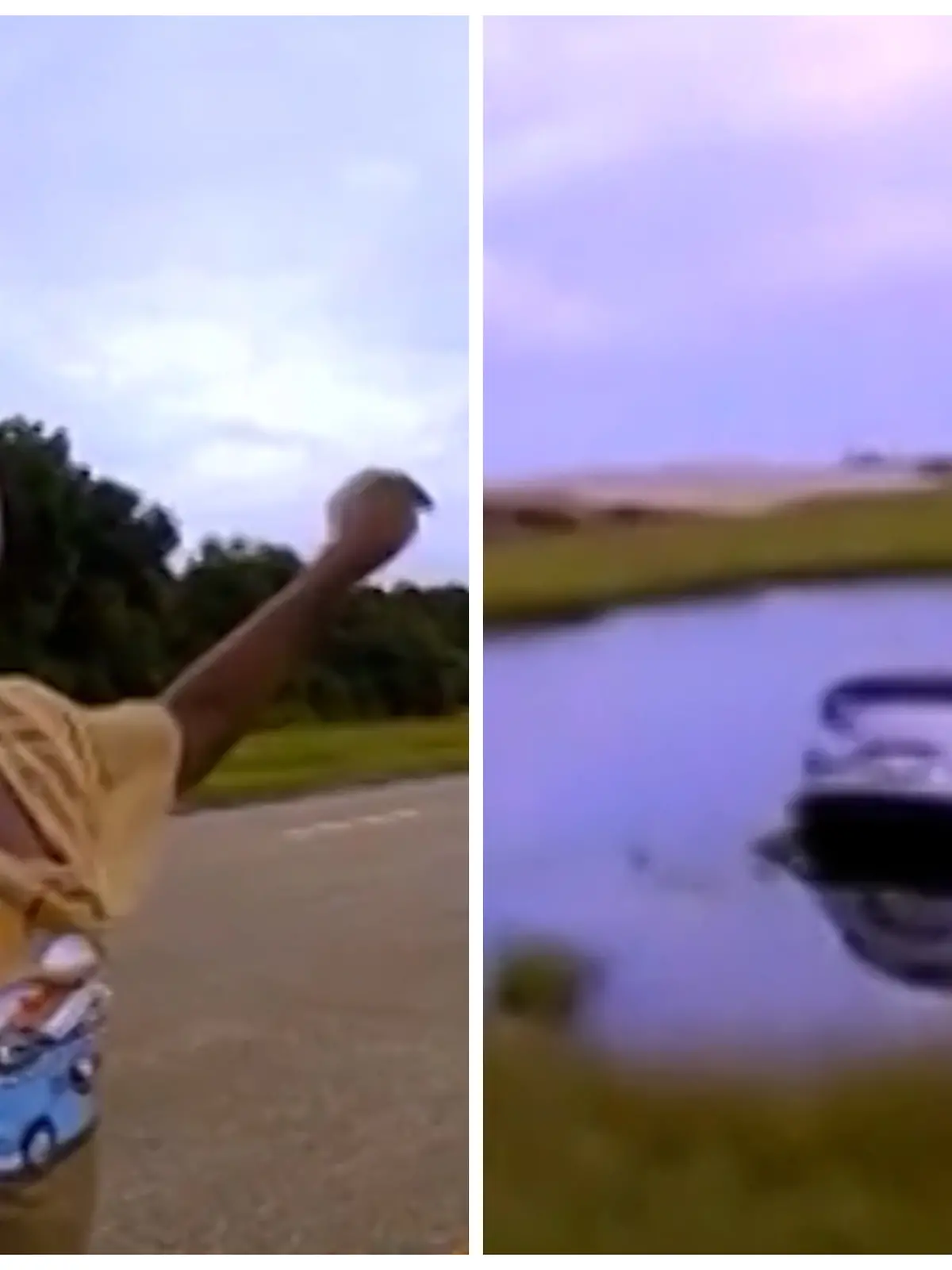 Fotokollage: Links deutet Dwight panisch auf die Unfallstelle, rechts sieht man das halb gesunkene Auto