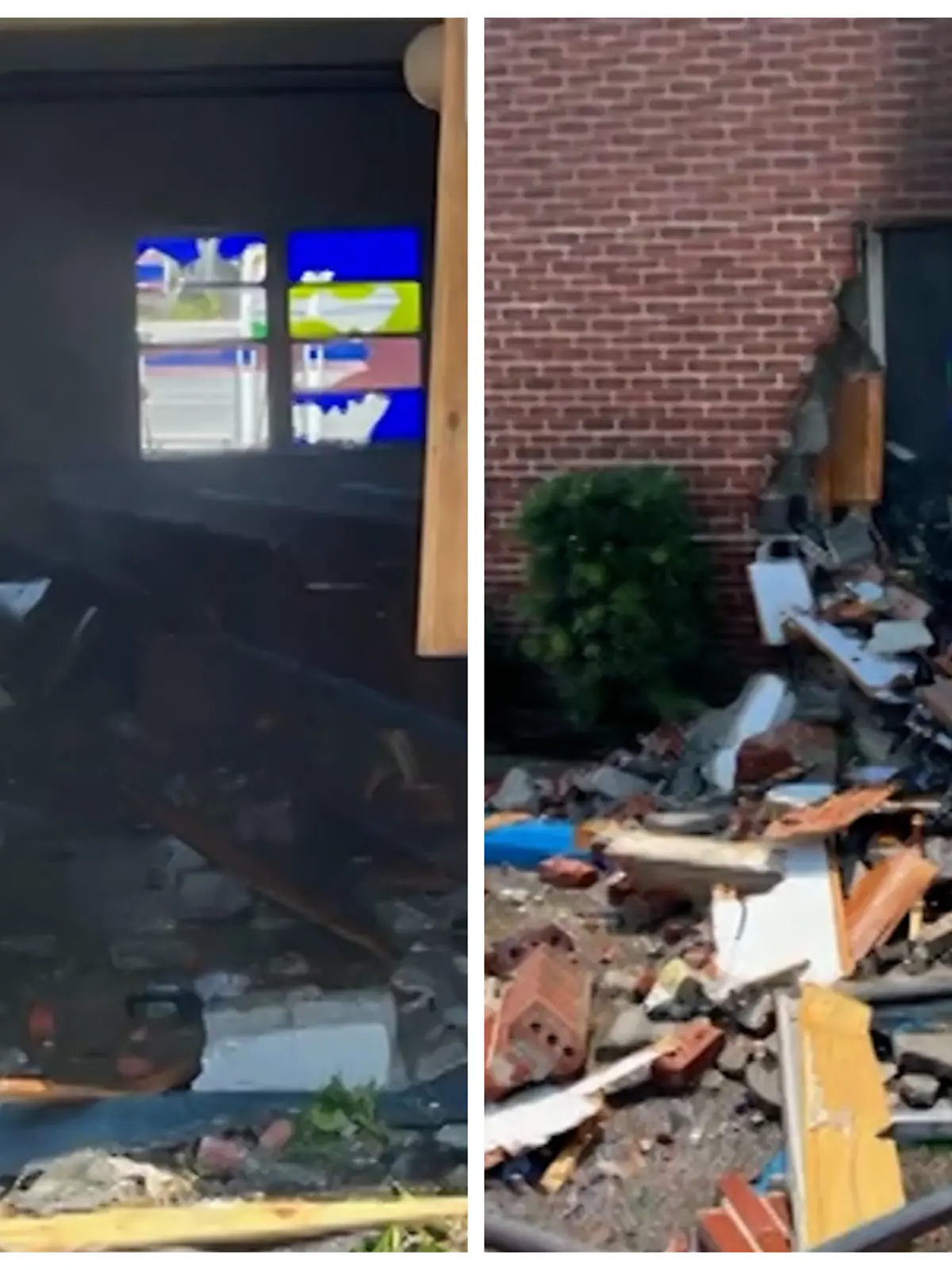 Fotokollage: Links sieht man das Auto vom Einbruchsloch aus, rechts sieht man, wie es aus der anderen Seite der Wand hinauskommt.