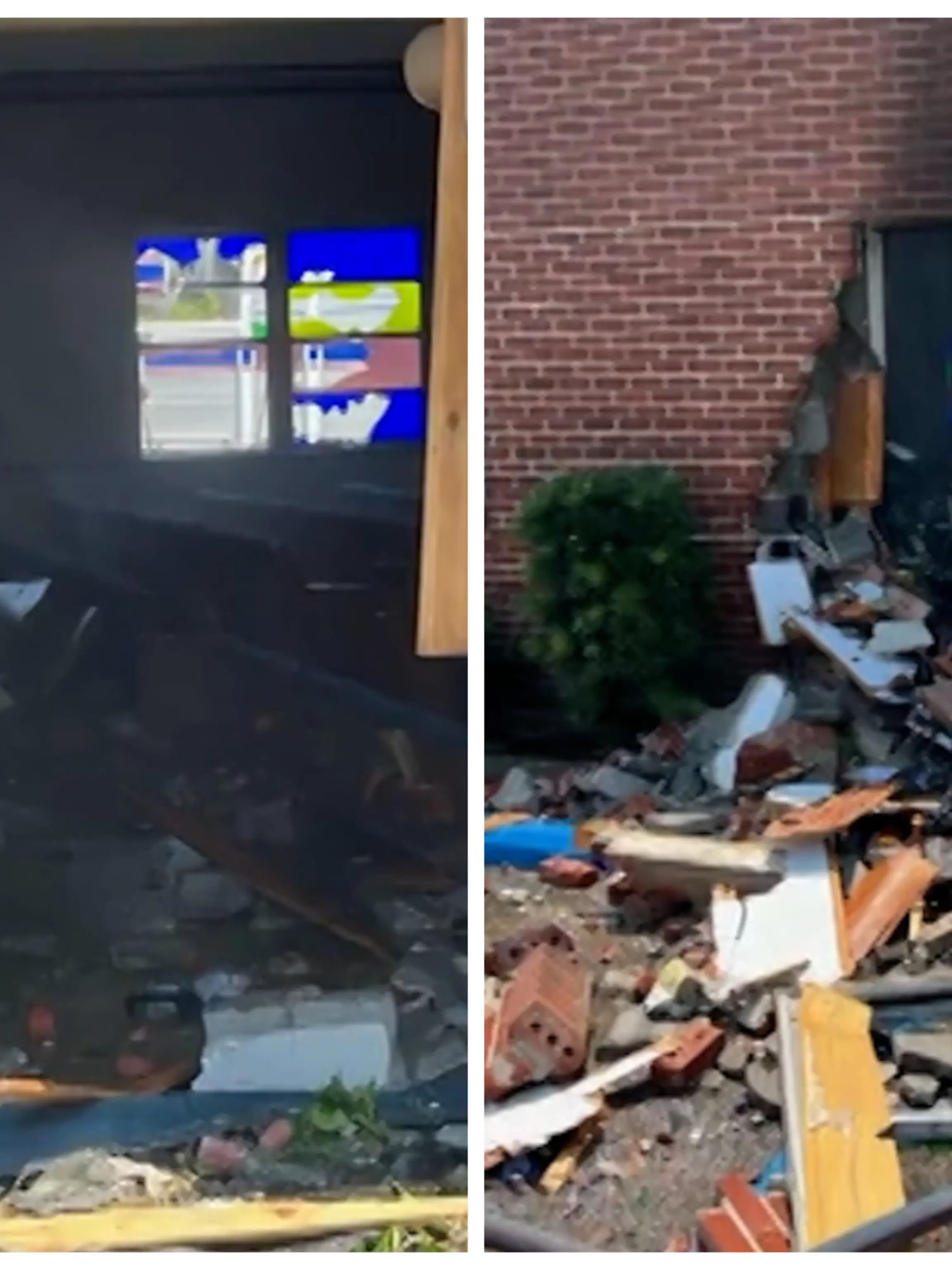 Fotokollage: Links sieht man das Auto vom Einbruchsloch aus, rechts sieht man, wie es aus der anderen Seite der Wand hinauskommt.