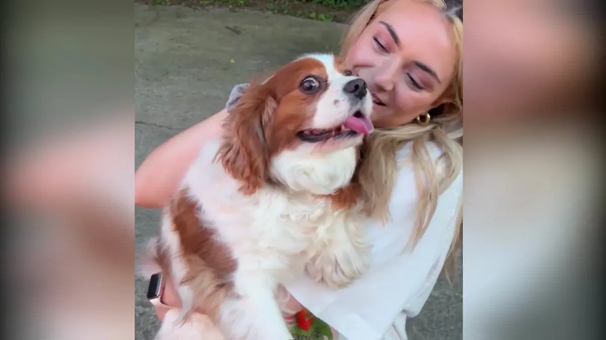 Glücklich schließt Tochter Victoria Burchfield ihren geliebten Hund Winston wieder in die Arme.