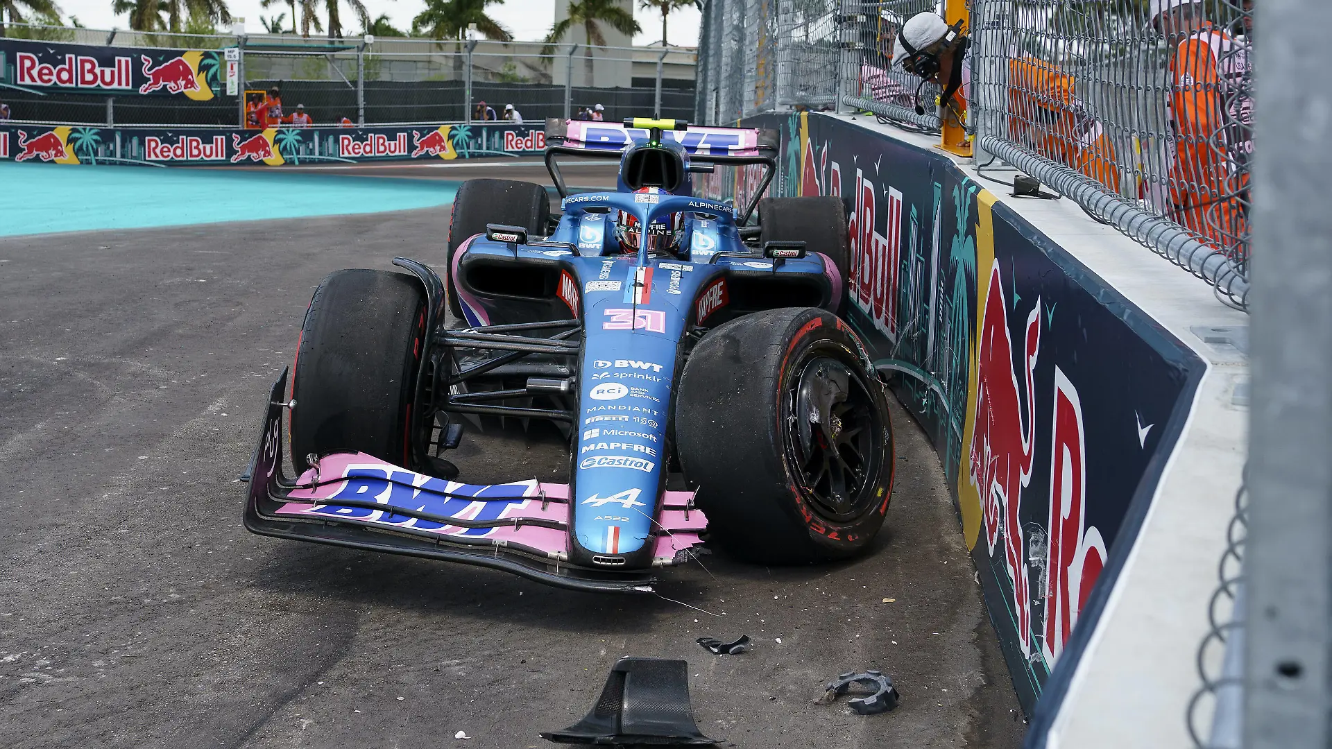 French Formula One driver Esteban Ocon of Alpine F1 Team crashes during the third practice session for the Formula One Grand Prix of Miami at the Miami International Autodrome in Miami Gardens, Florida on Saturday, May 7, 2022. PUBLICATIONxINxGERxSUIxAUTxHUNxONLY FLP20220507103 GREGxNASH