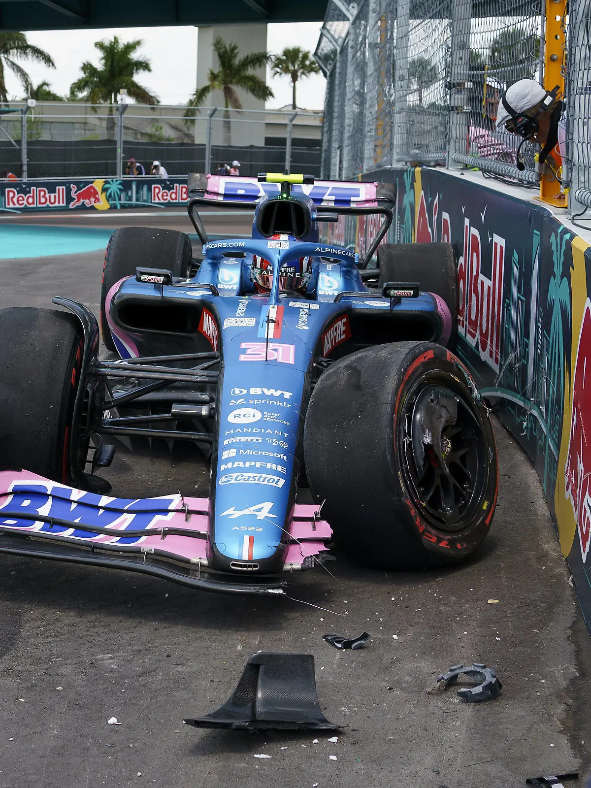  French Formula One driver Esteban Ocon of Alpine F1 Team crashes during the third practice session for the Formula One Grand Prix of Miami at the Miami International Autodrome in Miami Gardens, Florida on Saturday, May 7, 2022. PUBLICATIONxINxGERxSUIxAUTxHUNxONLY FLP20220507103 GREGxNASH