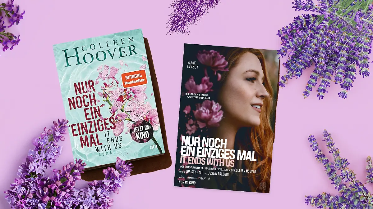 "Nur noch ein einziges Mal" Buchcover und Filmplakat mit Lavendel