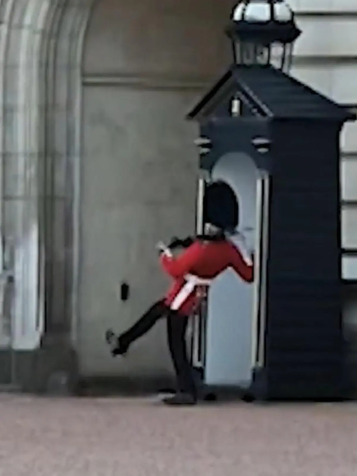 Royale Wache fällt vor dem Buckingham Palace hin