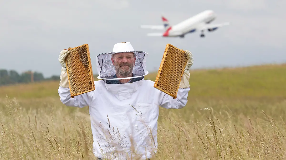Stolzer Bienen-Papa: Flughafenimker Ingo Fehr sorgt dafür, dass es den Insekten gut geht.