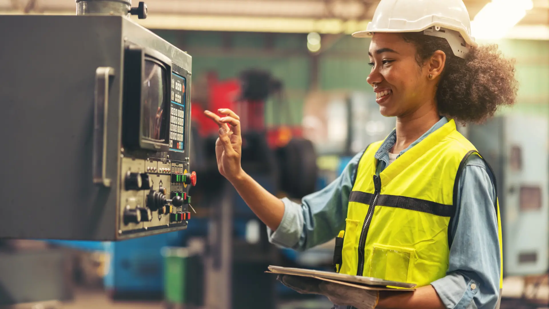 Eine Elektronikerin wartet Maschinen in einer Fabrik