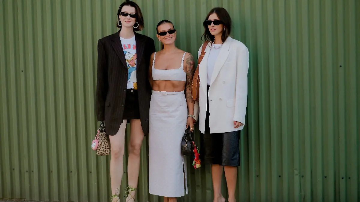 Street style, Marianne Theodorsen, Janka Polliani and Darja Barannik arriving at Remain Spring Summer 2025 show, held at Copenhagen Fashion Week, Denmark, on August 6, 2024. Photo by Marie-Paola Bertrand-Hillion/ABACAPRESS.COM
