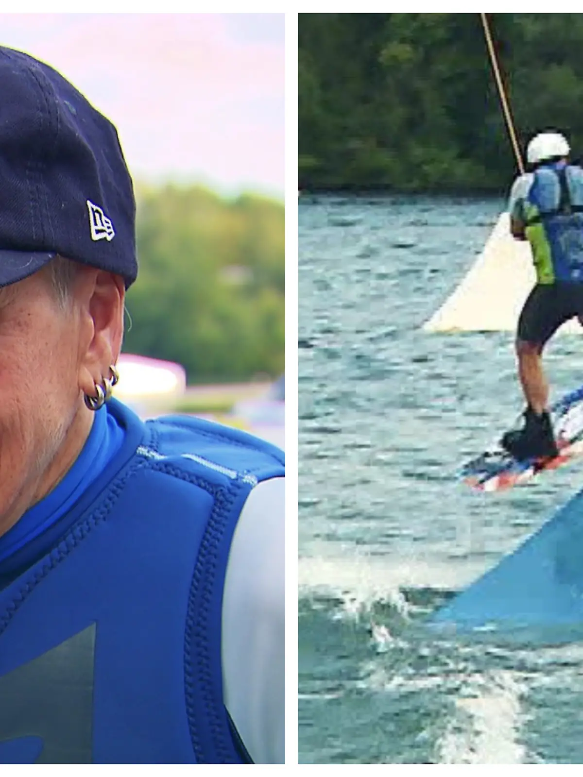 Fotokollage: Links Moni Schneider im Interview, rechts Moni Schneider auf dem Wasser, springt über Hindernis