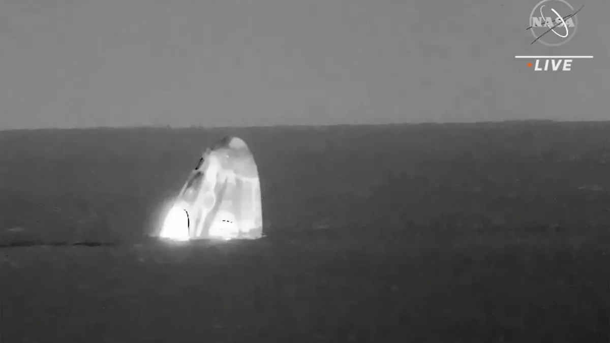 In this image made from video supplied by NASA, SpaceX Dragon space capsule splashes down in the Gulf of Mexico early Friday, May 6, 2022. NASA’s Raja Chari, Tom Marshburn and Kayla Barron, and the European Space Agency’s Matthias Maurer undocked from the International Space Station less than 24 hours earlier. (NASA via AP)