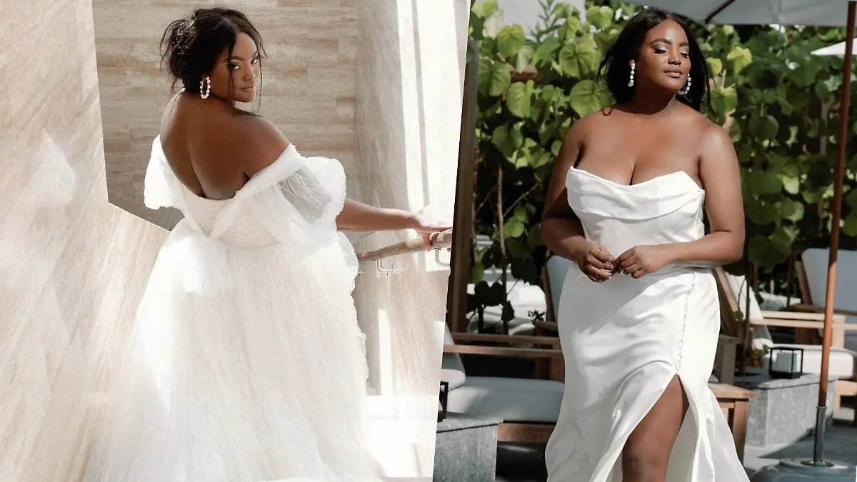 Frauen, die Curvy-Hochzeitskleider tragen.