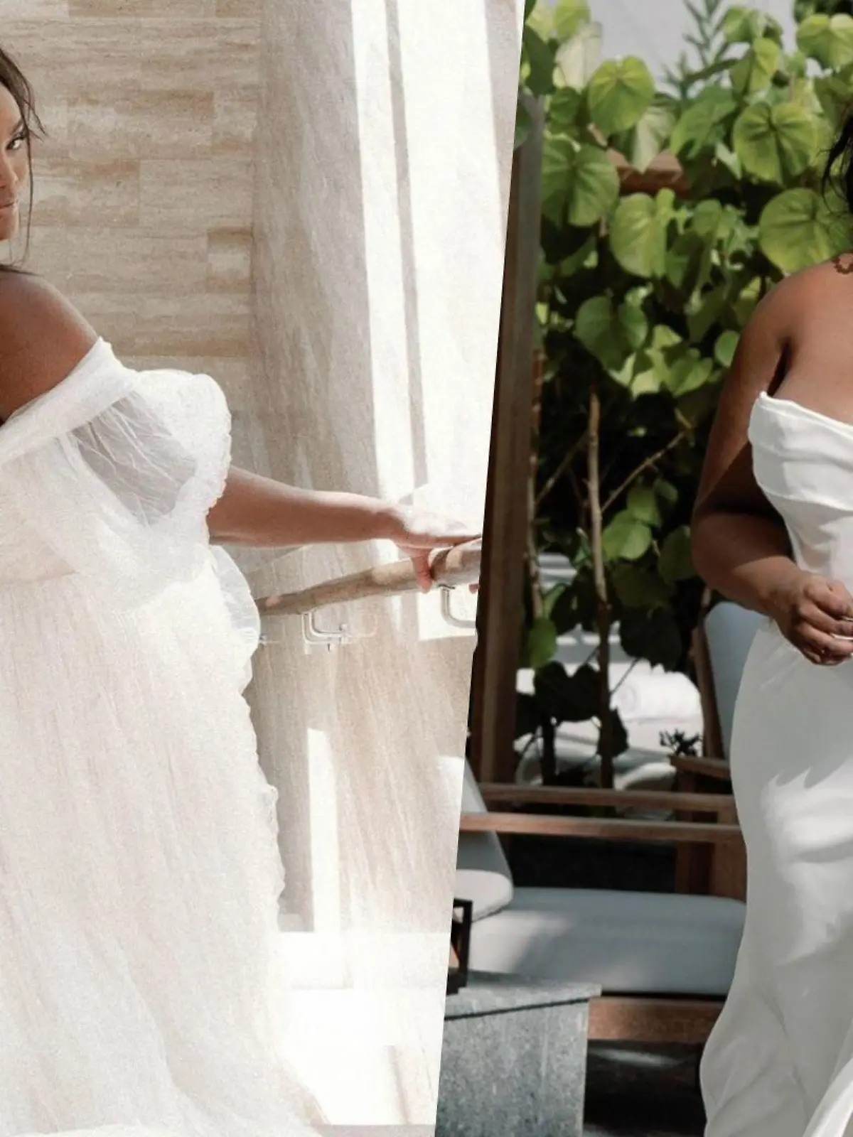 Frauen, die Curvy-Hochzeitskleider tragen.