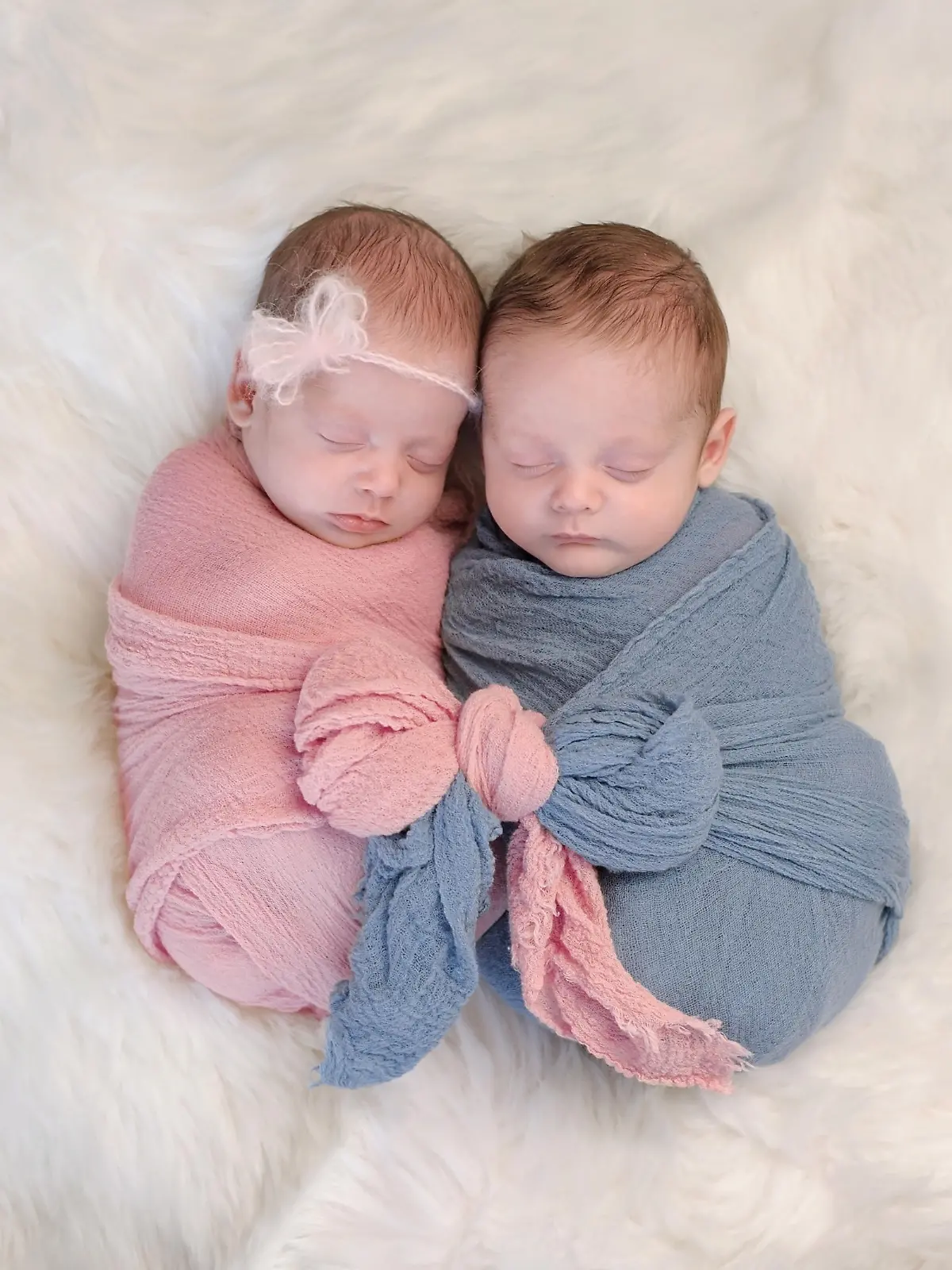 Two month old, boy and girl fraternal twin babies. They are sleeping and swaddled together in pink and blue wraps that are tied together in a bow.