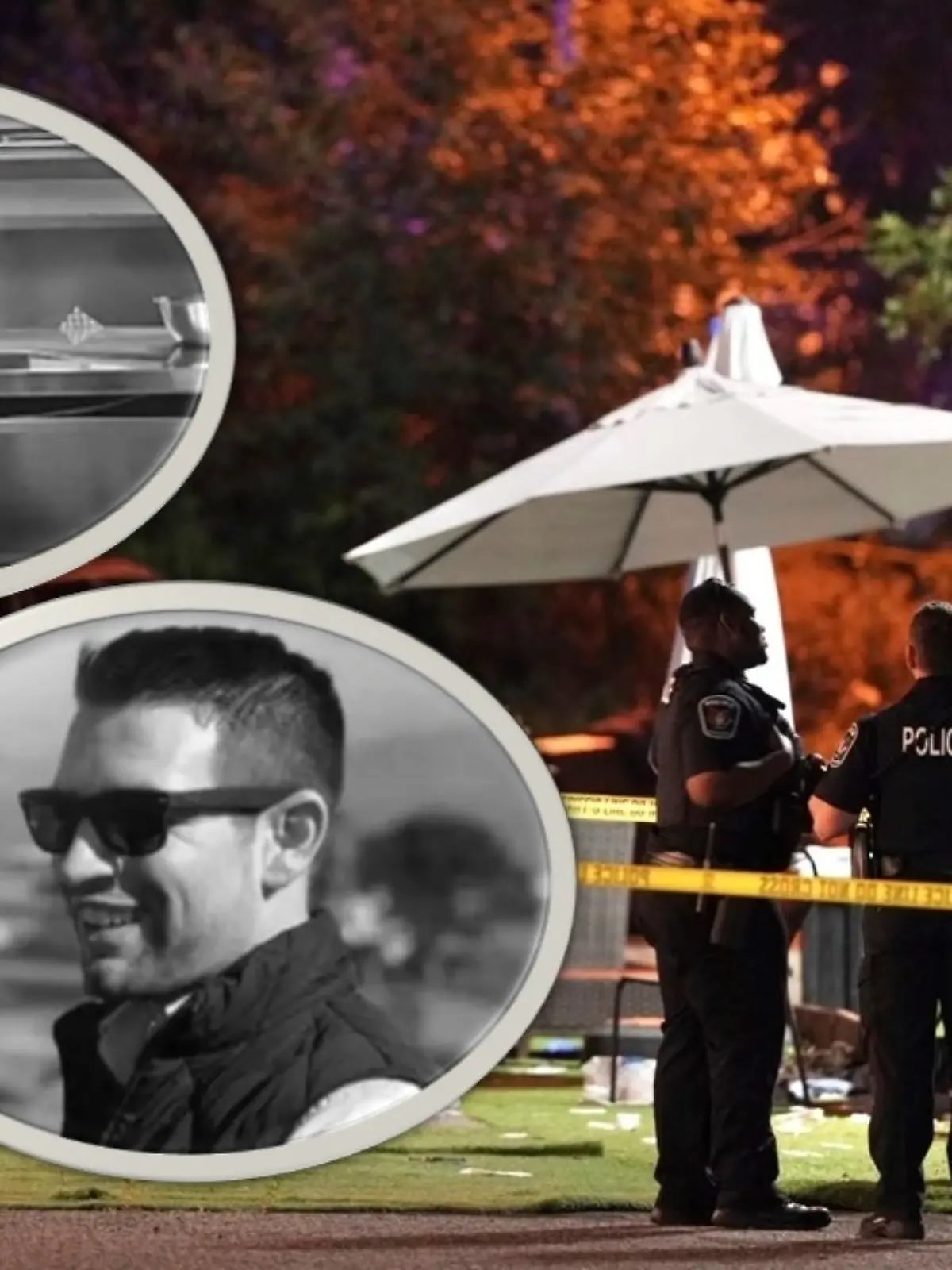 Im Hintergrund stehen zwei Polizisten am Unfallort. Im linken Bildteil sind zwei schwarz-weiß Bilder von den Opfern zu sehen.