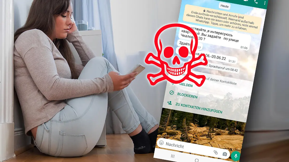 Frau schaut auf ihr Handy. Dubiose Nachrichten in russischer Sprache.