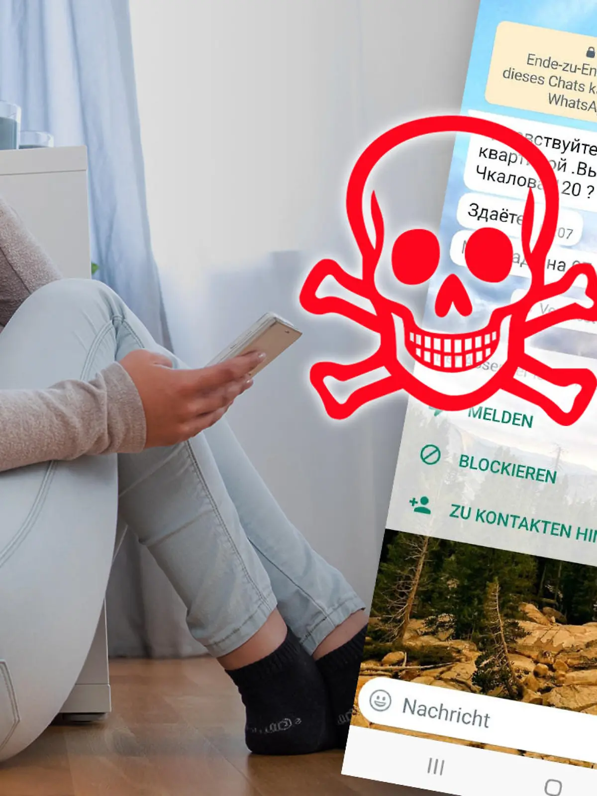 Frau schaut auf ihr Handy. Dubiose Nachrichten in russischer Sprache.