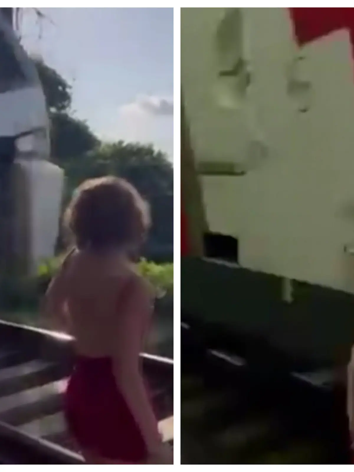 Nini Lomidze posiert für ein Foto, plötzlich kommt ein Zug angerast.