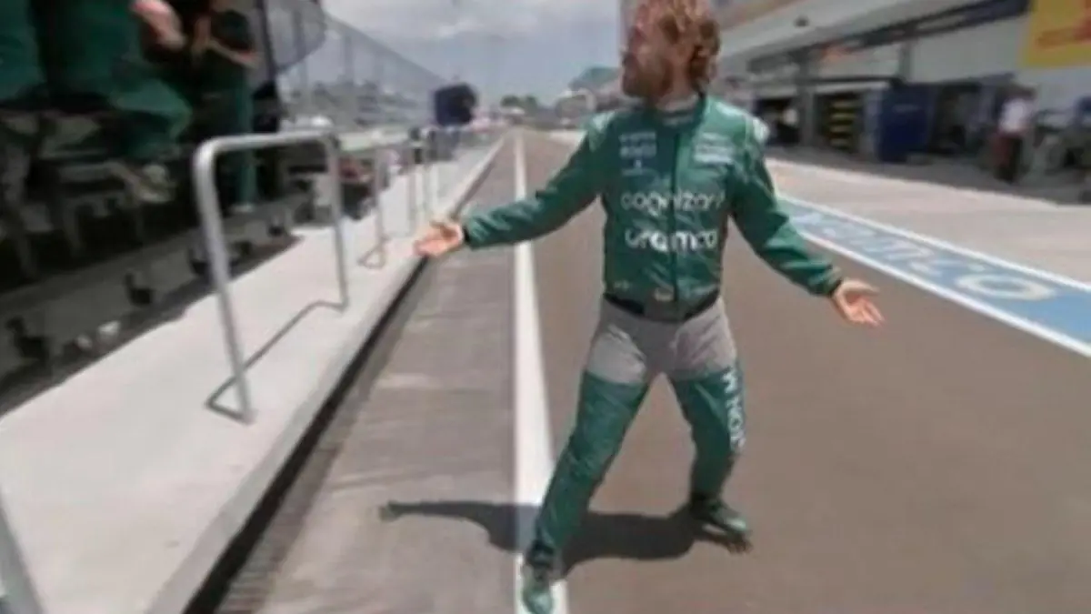 Graue Buches auf grünem Overall - modisch ist bei Sebastian Vettel noch Luft nach oben.