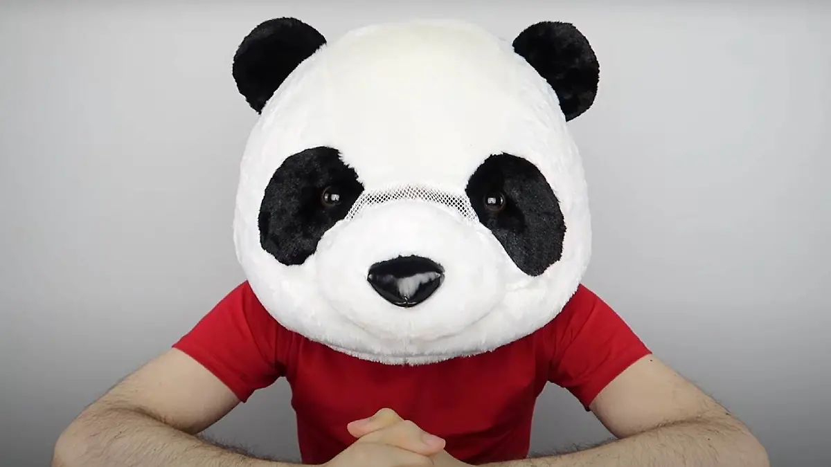 Nikocado Avocado trägt eine riesengroße Panda-Maske.