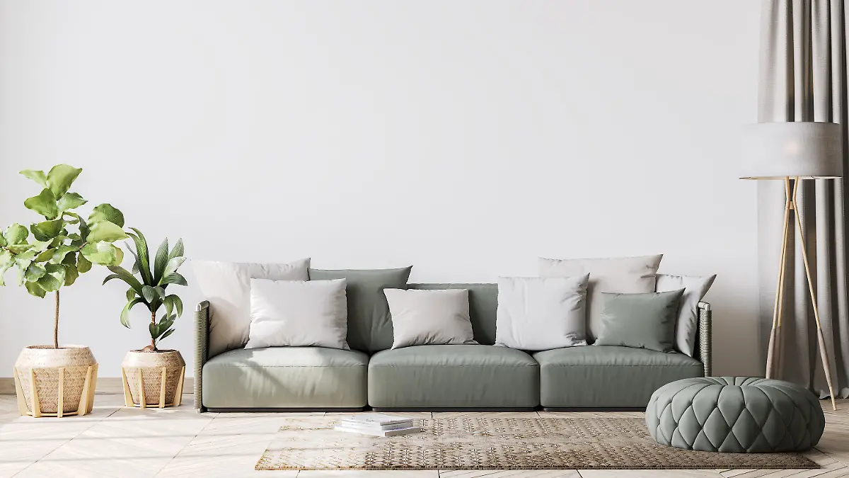 Contemporary interior design for interior mock up in living room. Scandinavian home decor with green couch, rattan pot and floor lamp, template, 3d render