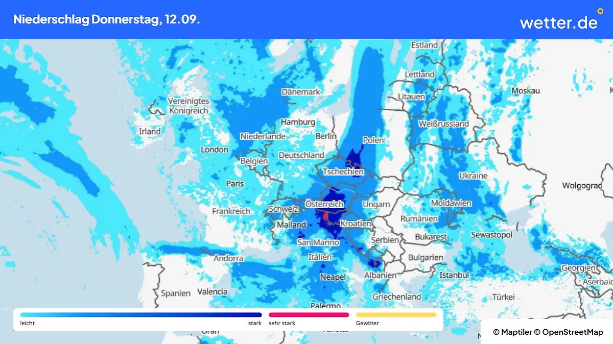 Die Grafik zeigt die Niederschläge am Donnerstag, 12.09.2024 über Europa
