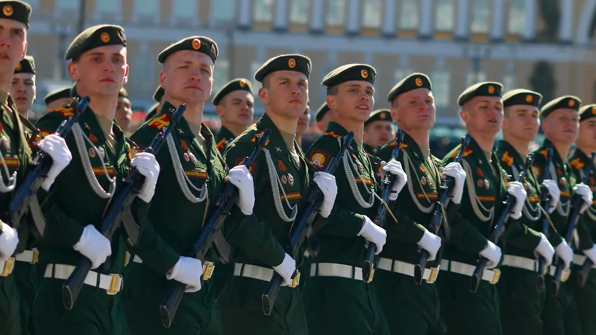 A solemn military parade in St. Petersburg to mark the 76th anniversary of the Victory in the Great Patriotic War. Palace Square. Soldiers of the Russian army on the palace Square.
