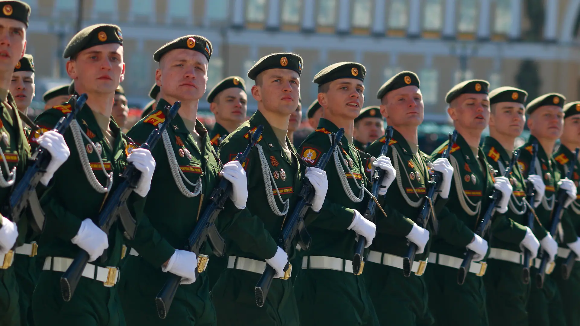 A solemn military parade in St. Petersburg to mark the 76th anniversary of the Victory in the Great Patriotic War. Palace Square. Soldiers of the Russian army on the palace Square.