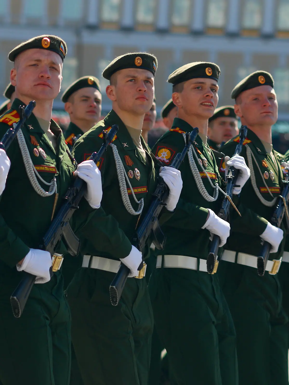 A solemn military parade in St. Petersburg to mark the 76th anniversary of the Victory in the Great Patriotic War. Palace Square. Soldiers of the Russian army on the palace Square.